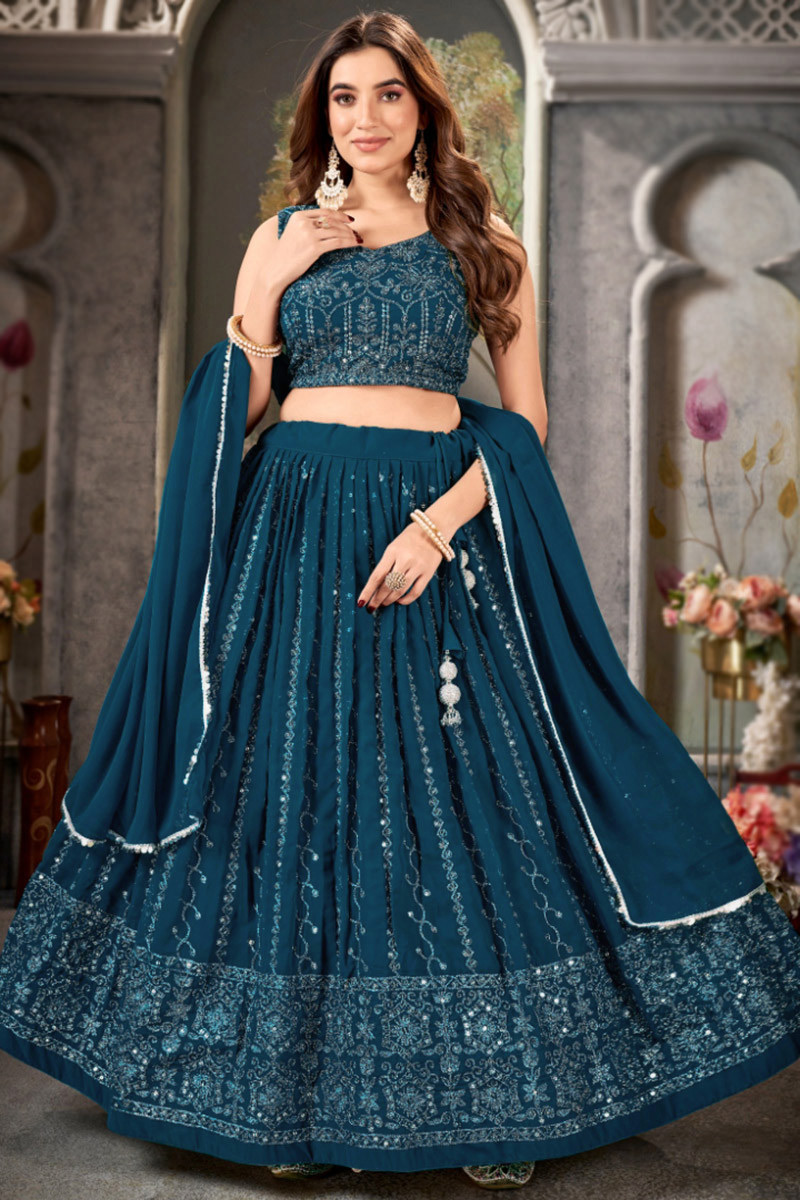 Peacock Blue Embroidered Flared Style Lehenga