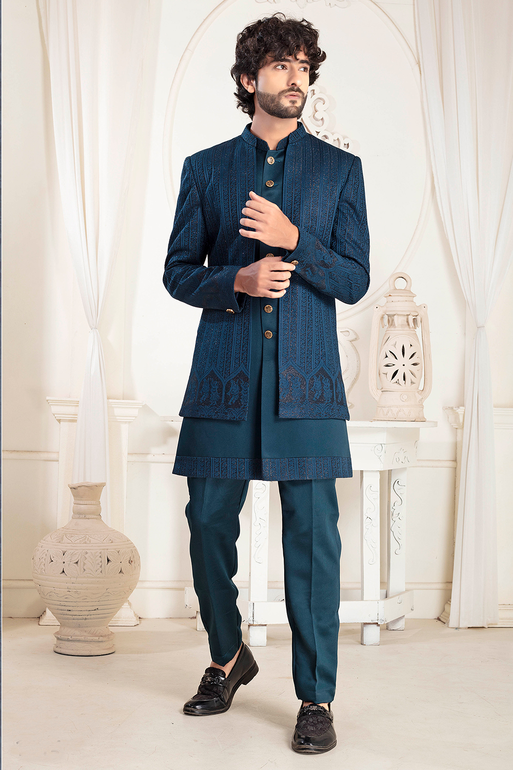 Peacock Blue Jacket Style Silk Blend Men's Sherwani For Wedding