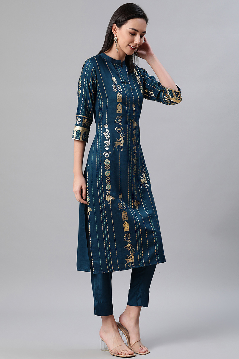 Buy Peacock Blue Rayon Straight Cut Kurti LKV001708