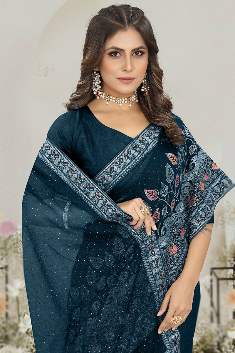 Teal Blue Chinon Silk Desigenr Zari Embroidered Ceremonial Saree