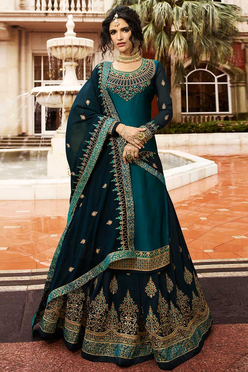 Buy Peacock Blue Satin Georgette Straight Kameez With Lehenga