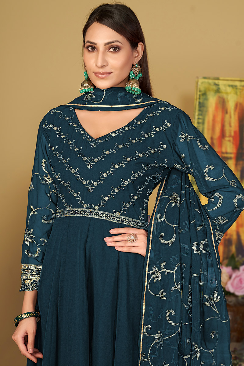 Peacock Blue Sequins Embroidered Georgette Anarkali Suit LSTV128642