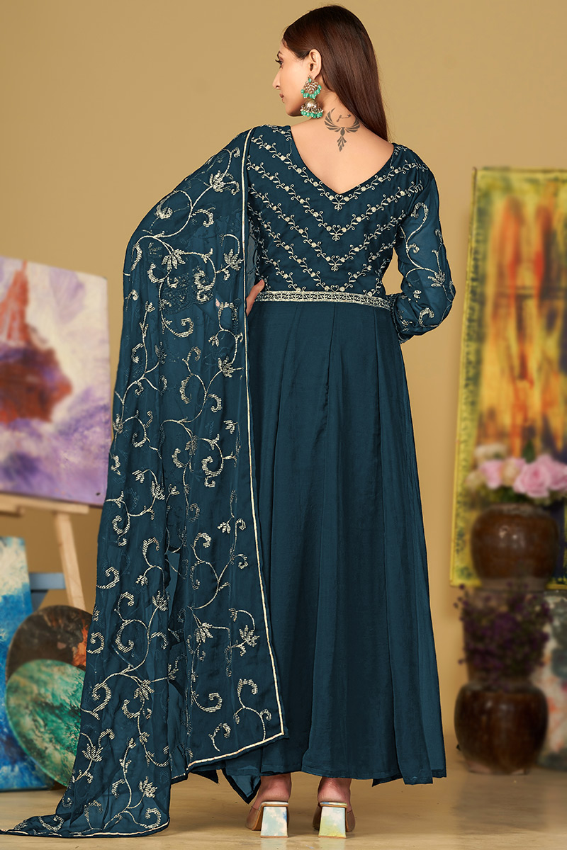 Peacock Blue Sequins Embroidered Georgette Anarkali Suit LSTV128642