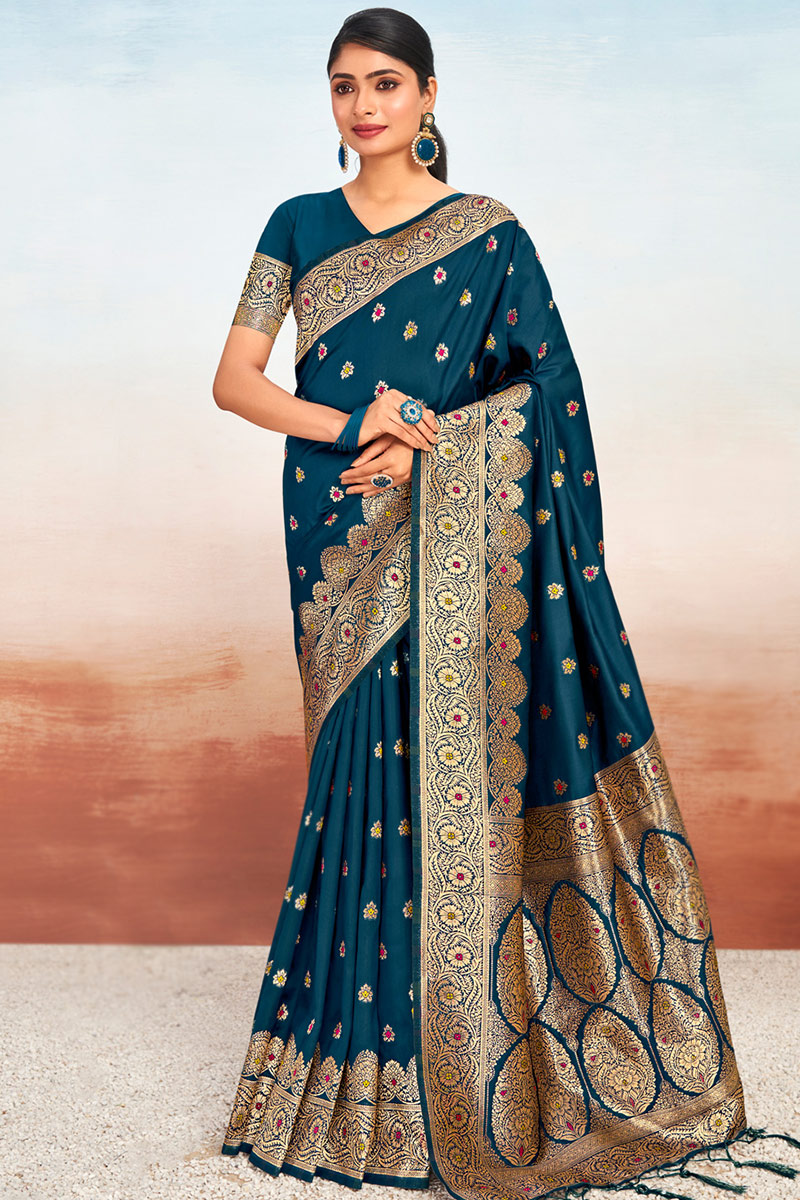 Buy Gorgeous Peacock Blue Traditional Wedding Saree in Silk SARV175381