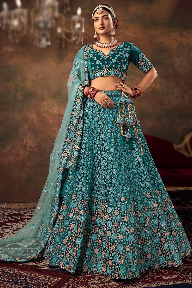 Peacock Blue Velvet Embroidered Lehenga For Engagement LLCV117407