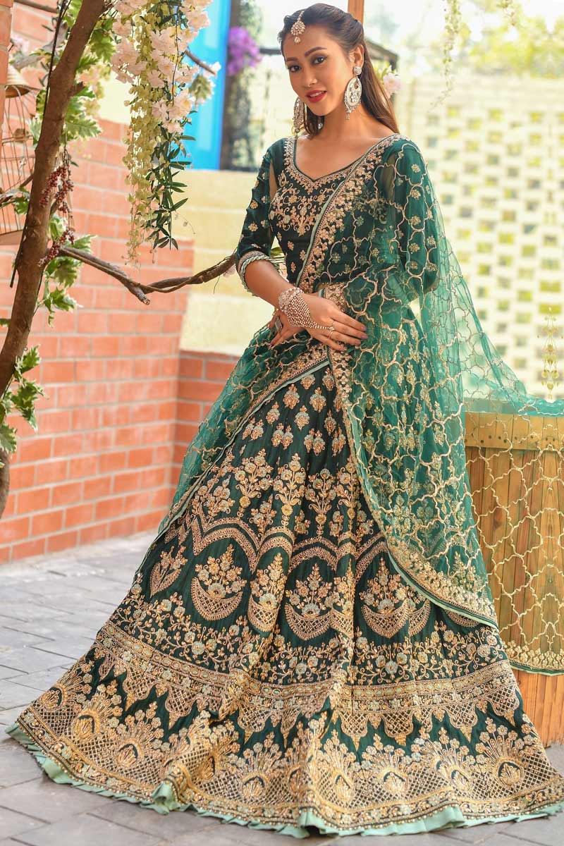 Buy Peacock Green Silk Lehenga With Silk Choli Online LLCV02014