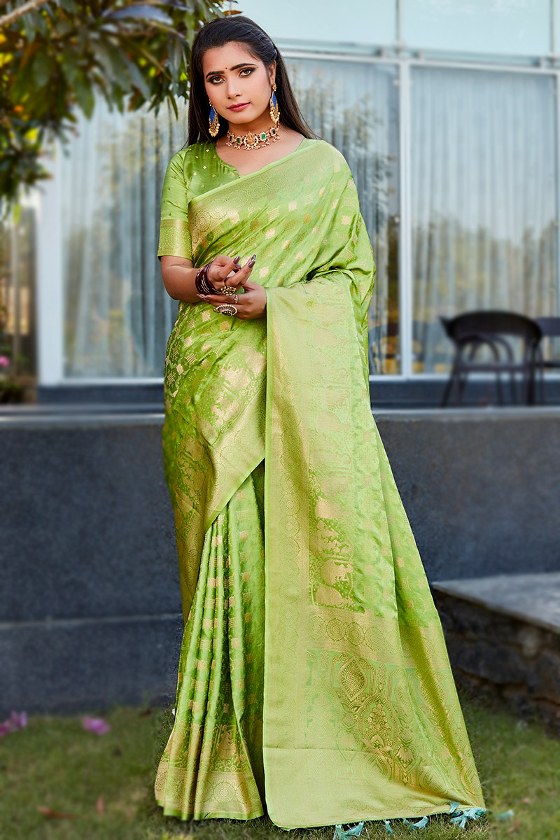 Pear Green Silk Weaved Broad Border Saree |SARV180559