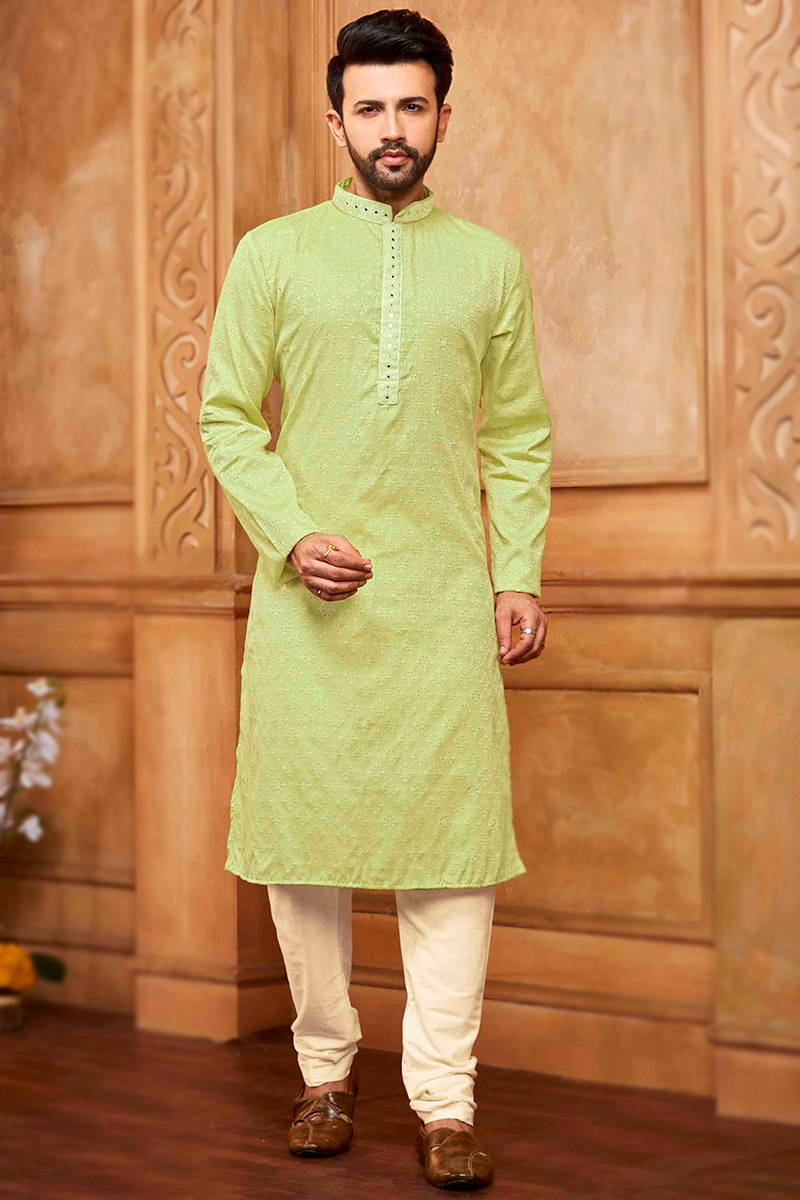 Pear Green Weaved Thread Silk Men's Kurta Pajama For Mehndi MKPA07382