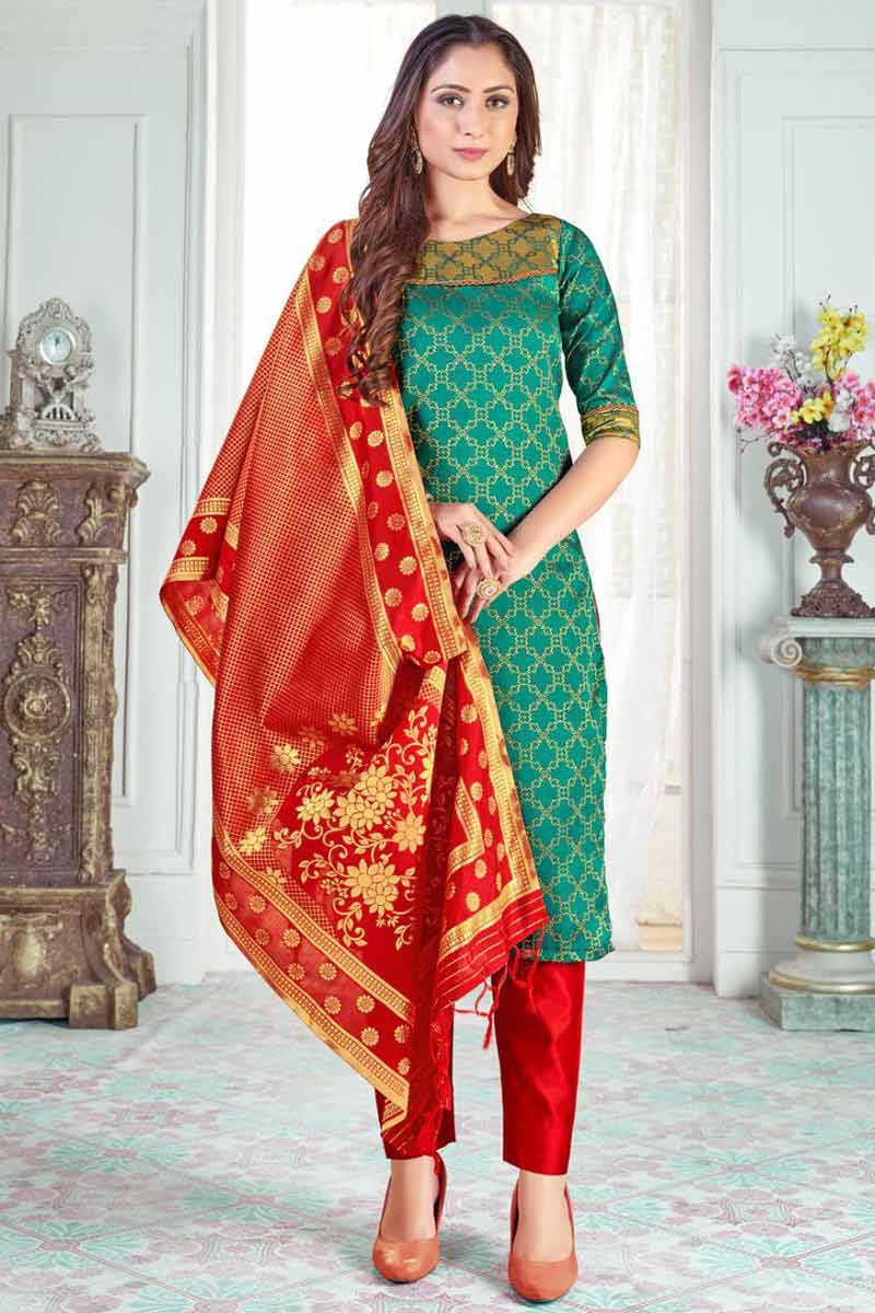 Buy Ethnic Wear Banarasi Silk Persian Green Trouser Suit LSTV112416