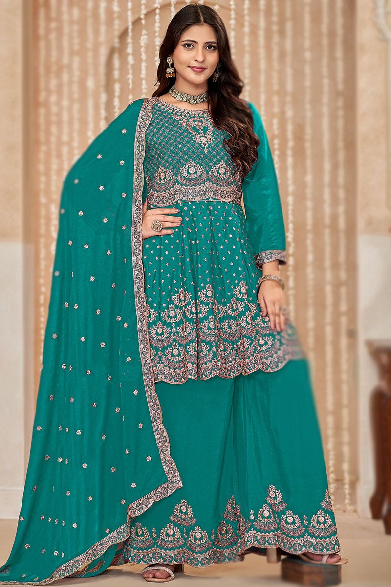 Persian Green Chinnon Embroidered Frock Style Palazzo Suit