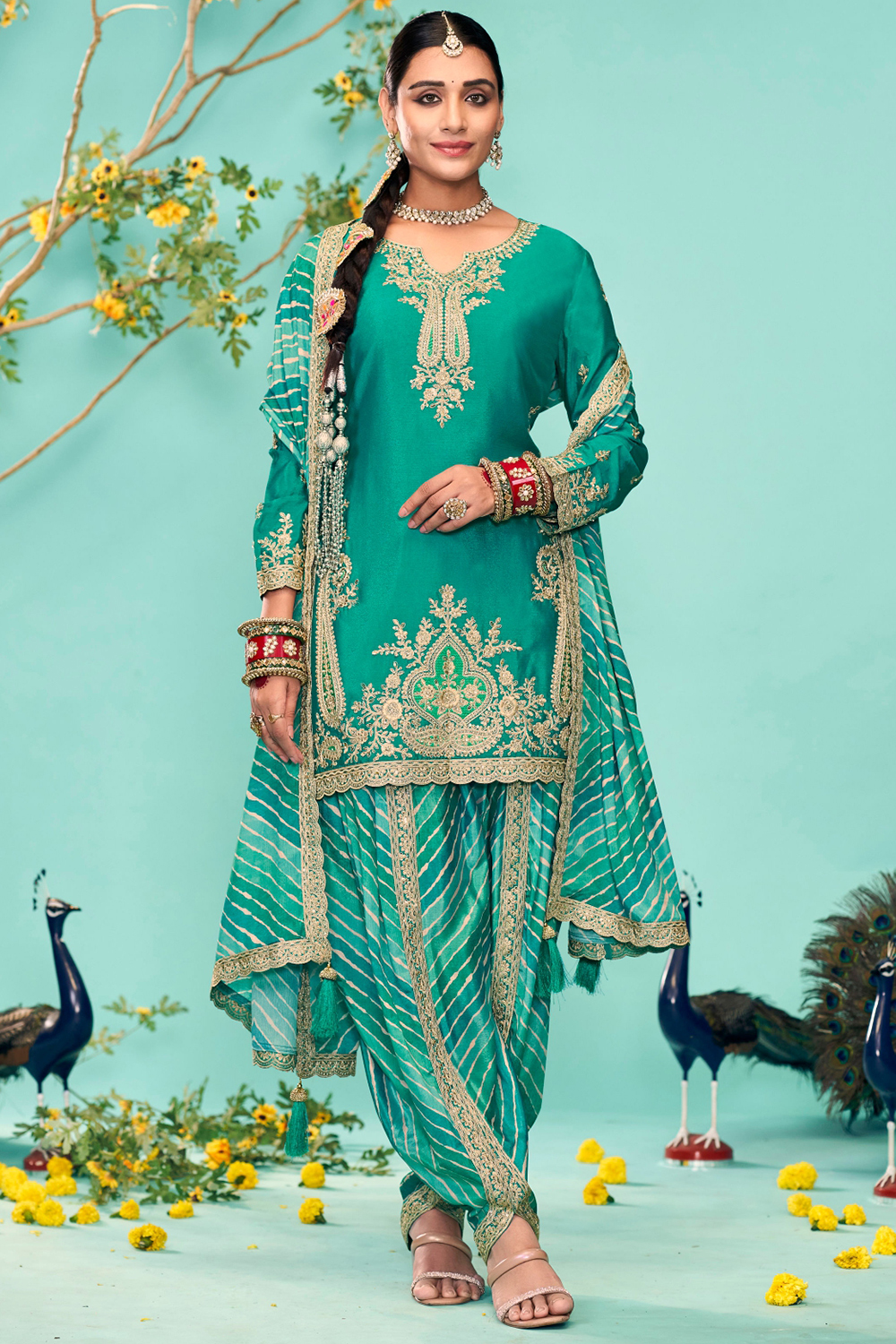 Andaaz Fashion Women's Persian Green Chinnon Embroidered Ready Made Straight Cut Dhoti Suit Andaaz Fashion Women's Persian Green Chinnon Embroidered Ready Made Straight Cut Dhoti Suit