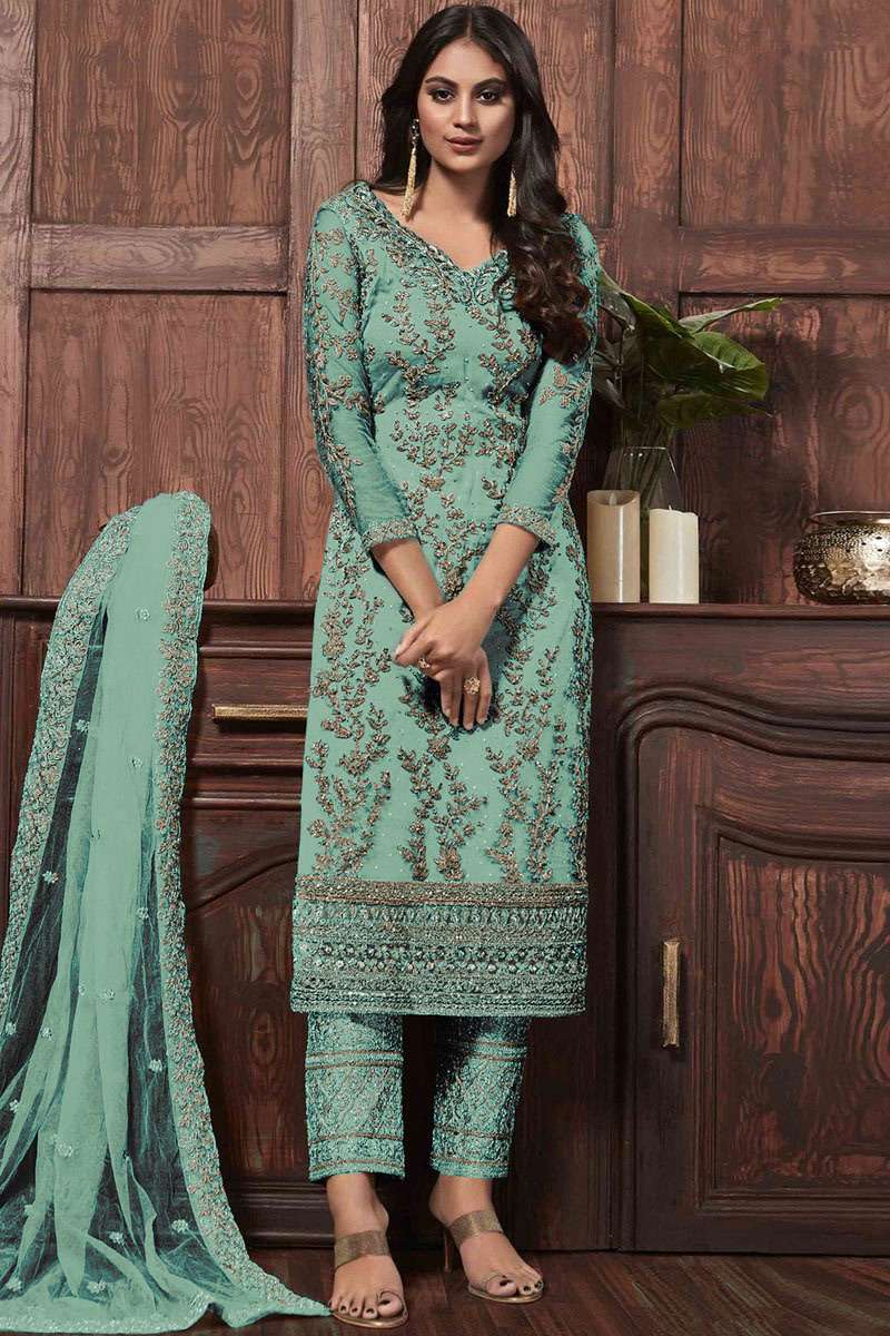 Persian Green Net Embroidered Trouser Suit