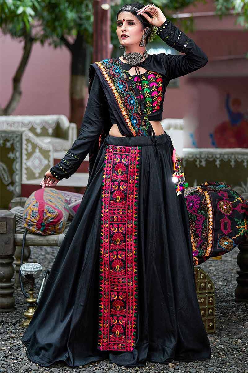 Phulkari Embroidered Cotton Lehenga Choli In Black Colour