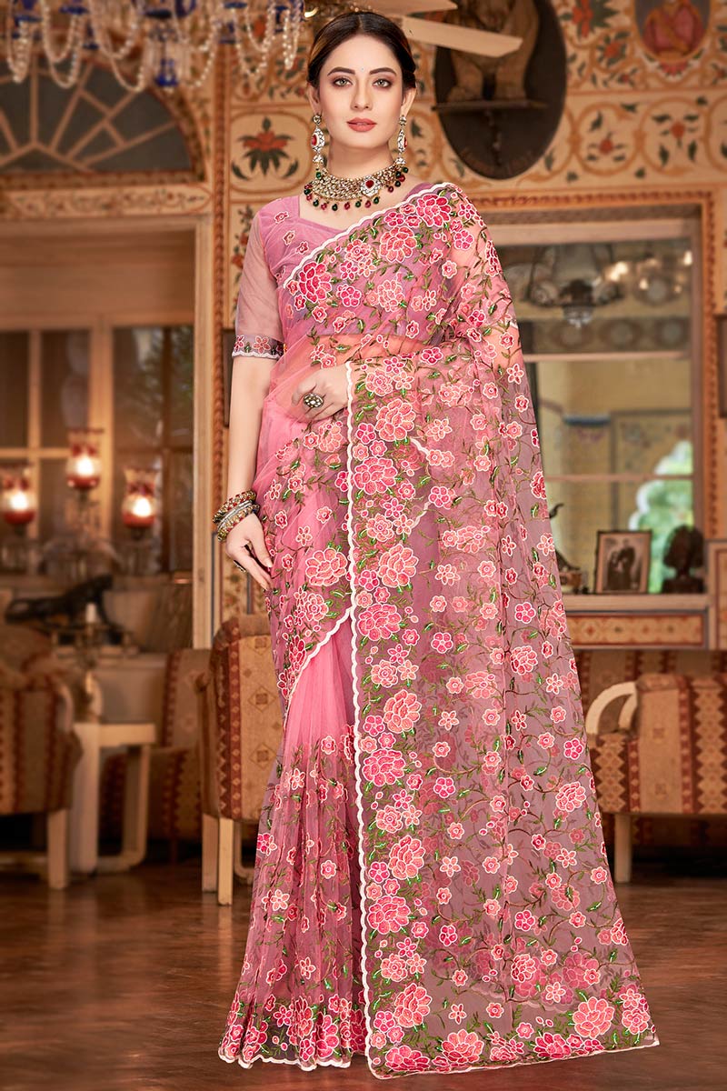 Pink Net Embroidered Saree SARV143720