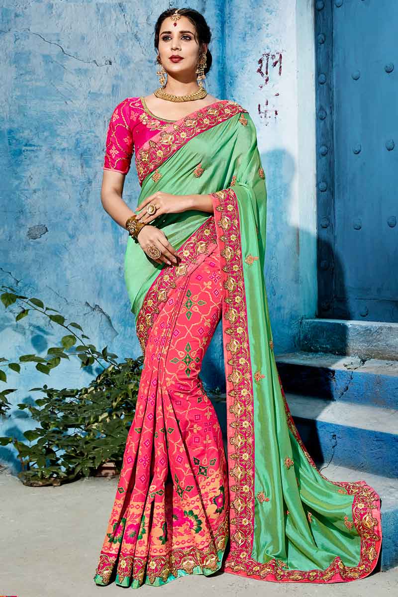 Buy Indian Dress Pink with Green Silk Saree Online - SARV0813 | Andaaz  Fashion