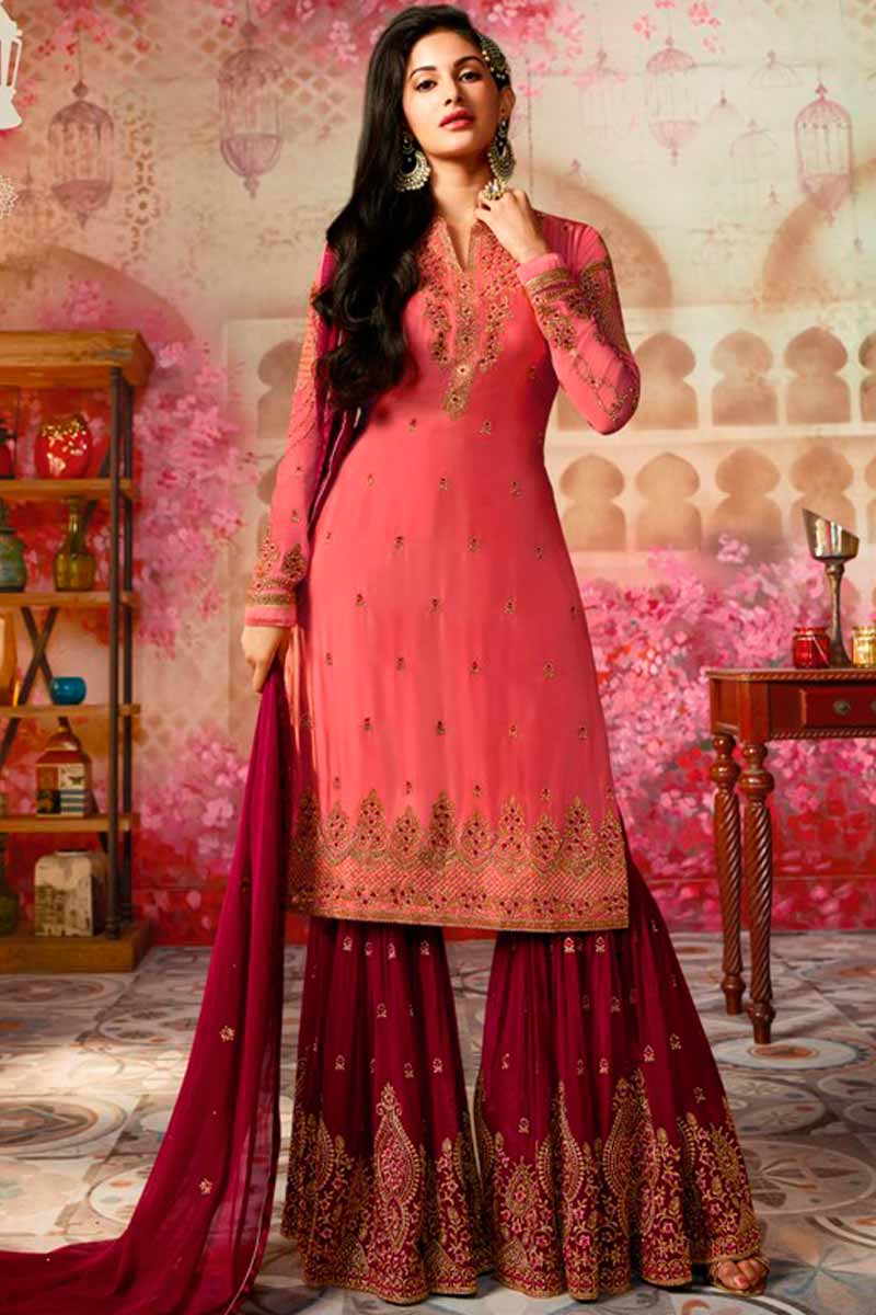 Buy Online Wedding Strawberry Pink Sharara Suit With Resham Work Online - LSTV01685 | Andaaz Fashion