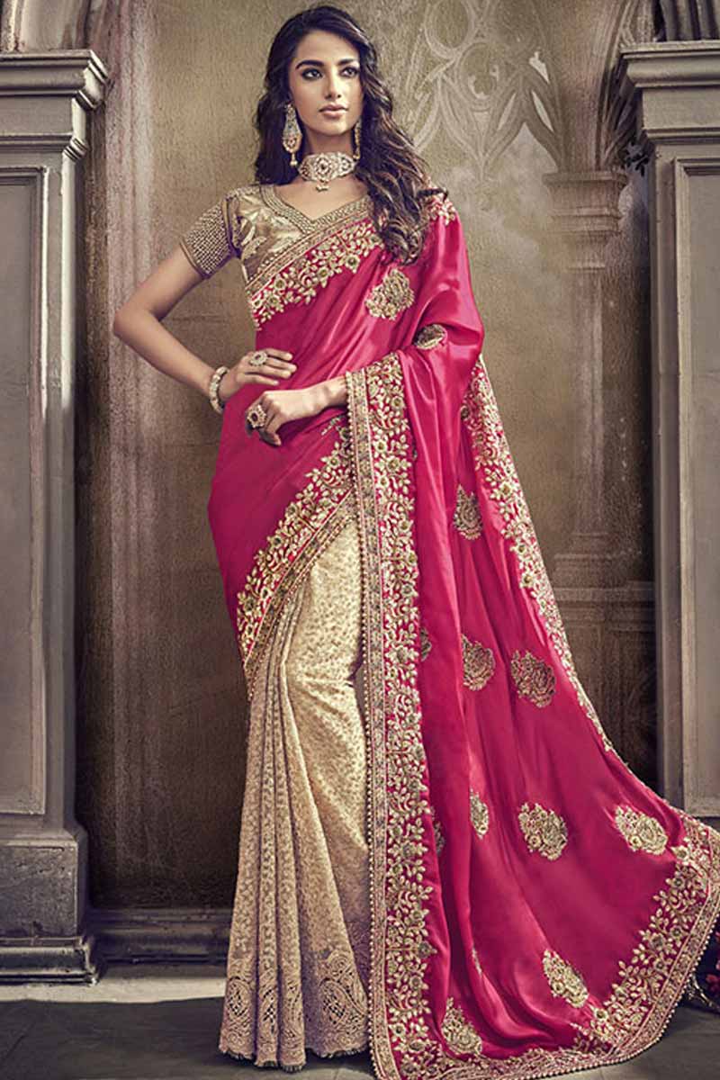 Buy Pink With Cream Silk and Net Saree With Silk Blouse ...