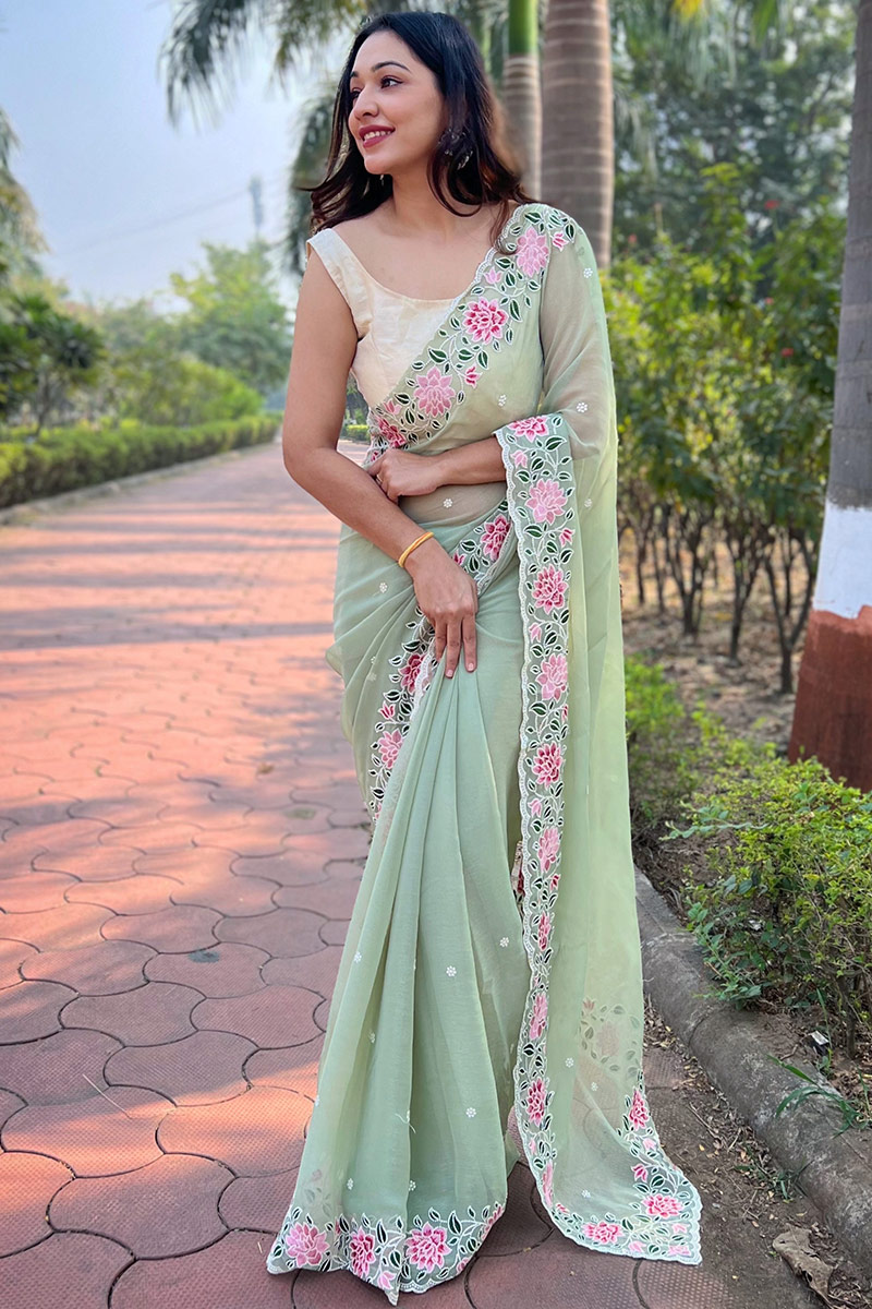 Pistachio Green Chiffon Embroidered Saree SARV151167
