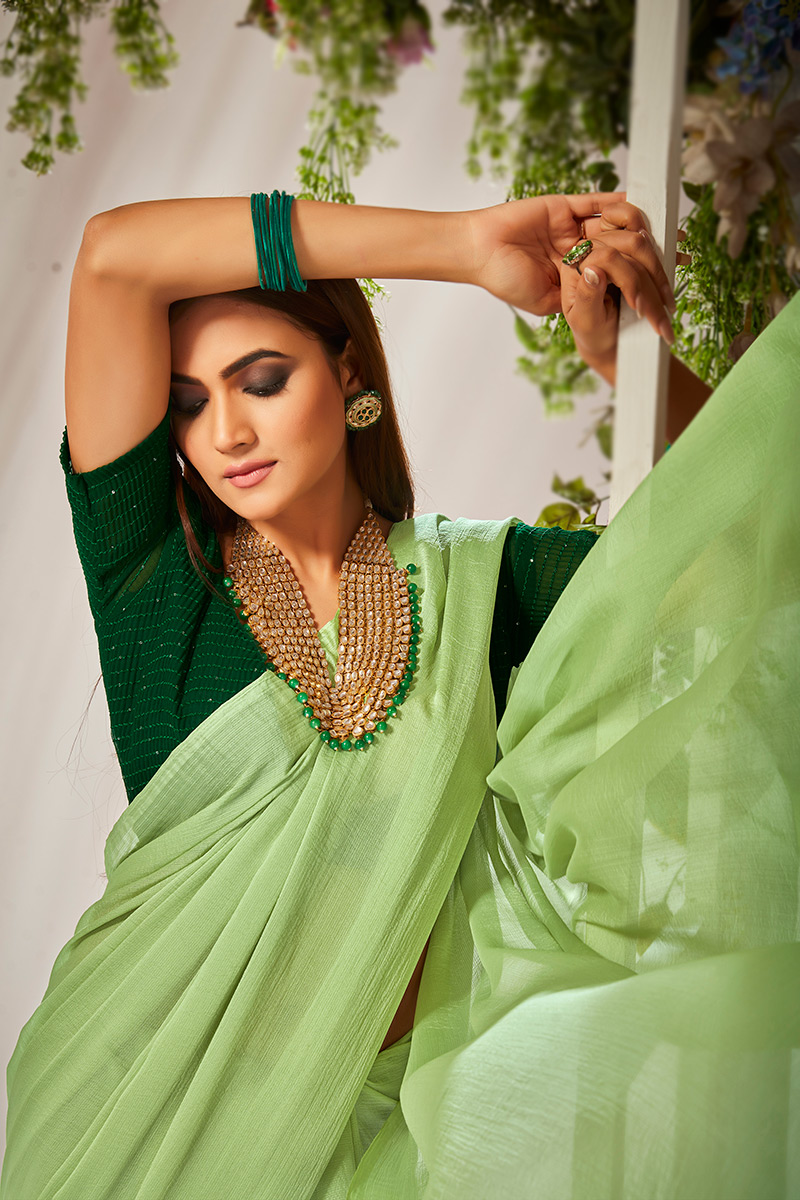 Matching Blouse Plain Green Saree With Designer Blouse Parrot