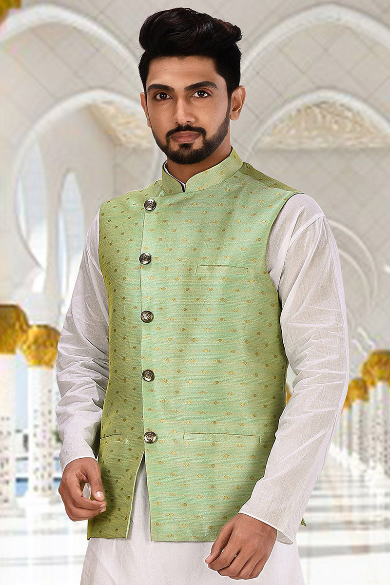 Cotton Pistachio Green Men Waist Coat MWCV098