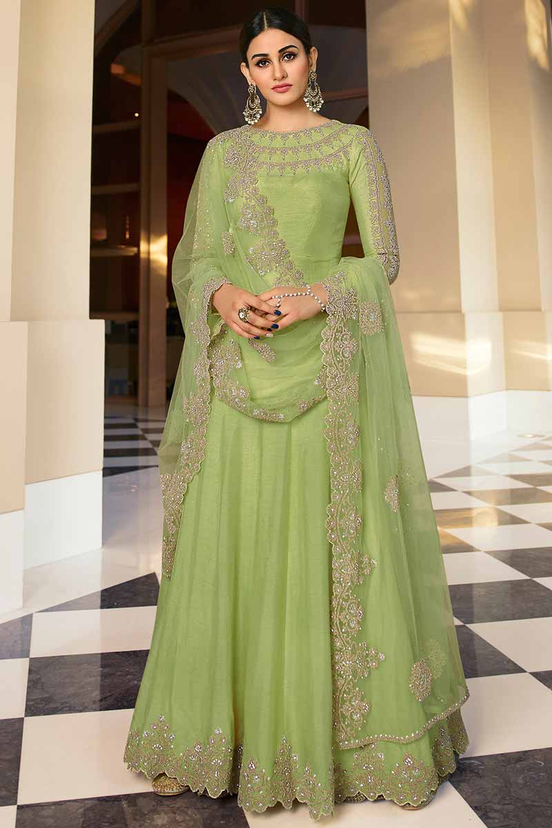 Pistachio Green Dupion Silk Eid Anarkali Suit With Churidar LSTV111925