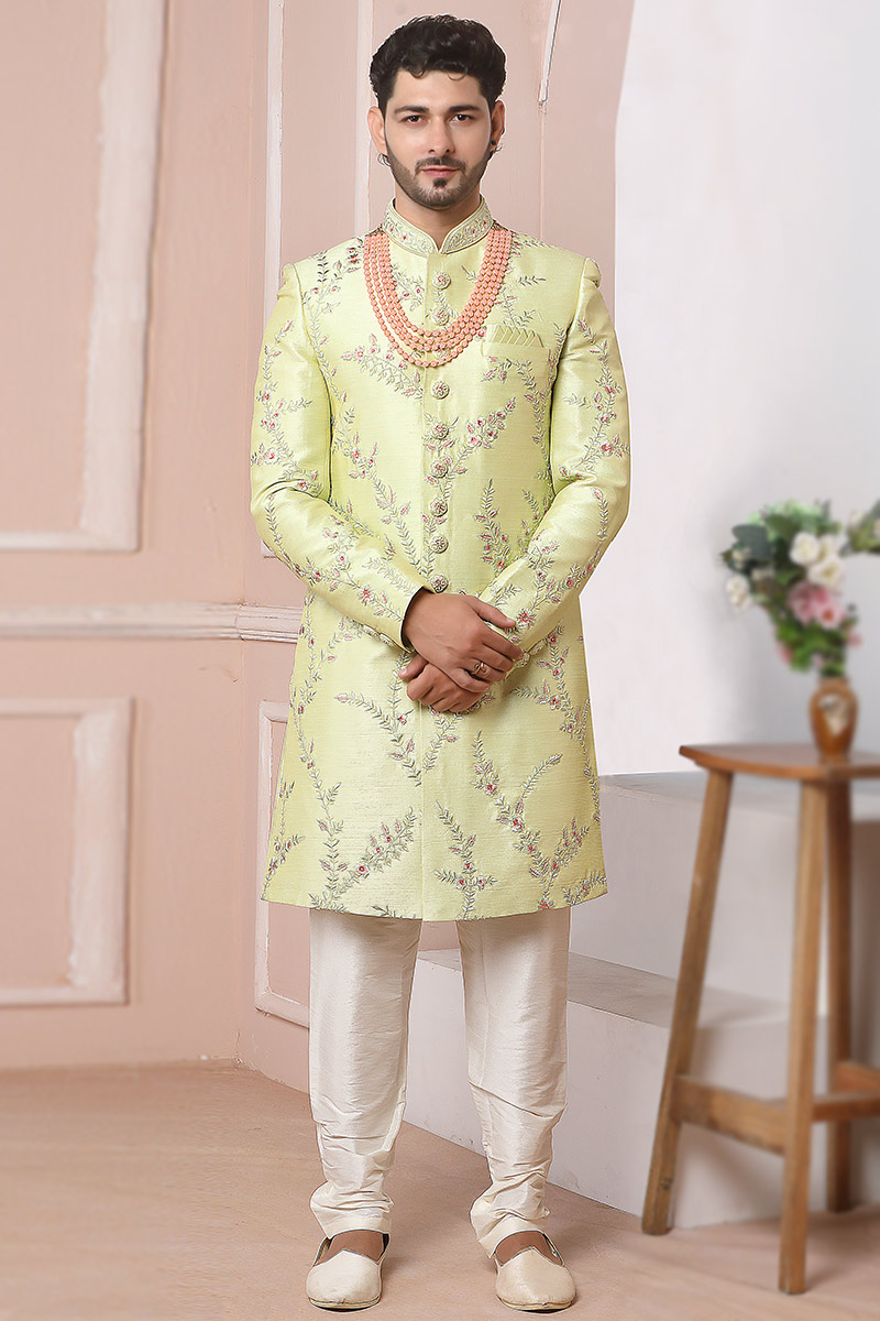 Pistachio Green Embroidered Banarasi Silk Churidar Men s Sherwani MSTV01268