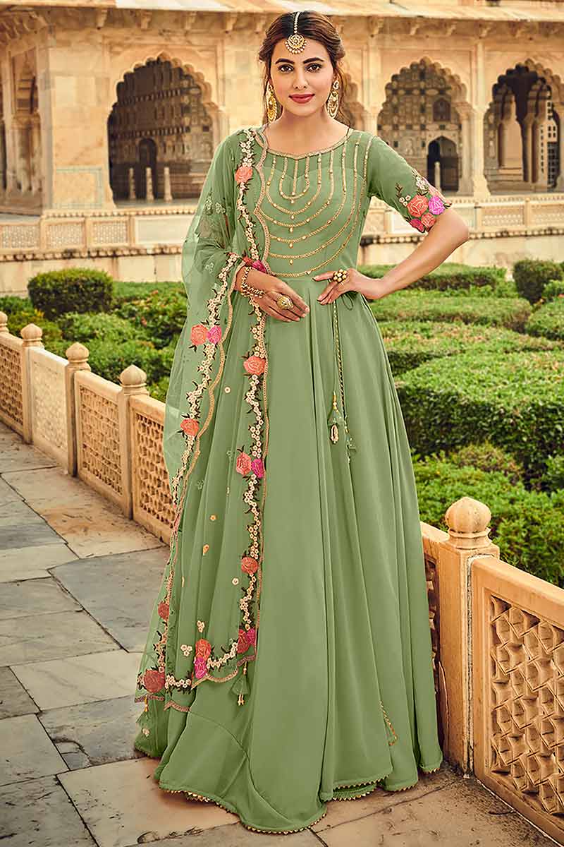 Pistachio Green Georgette Party Wear Anarkali Suit For Eid