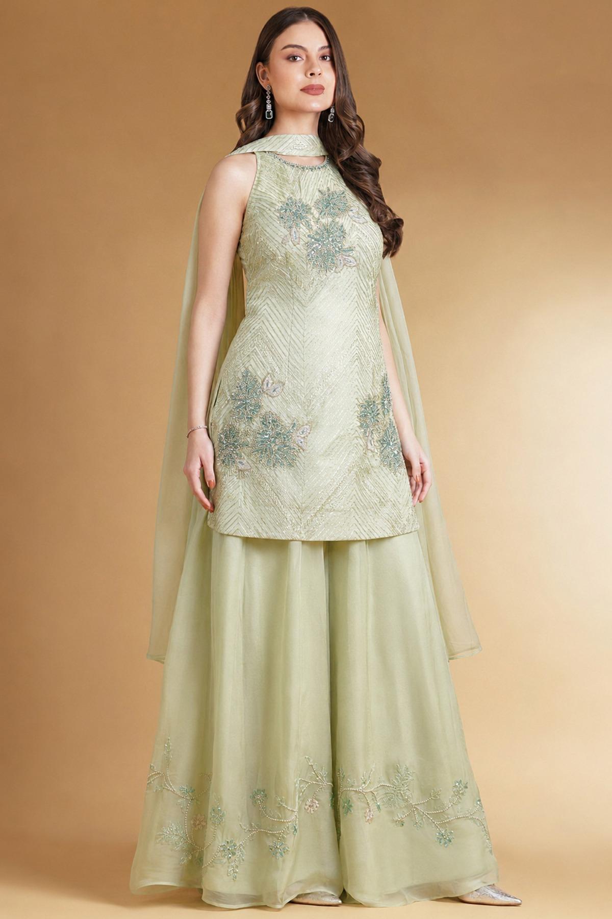 light green sharara dress Pistachio Organza Suit with Bead Work For Mehndi size-3xl