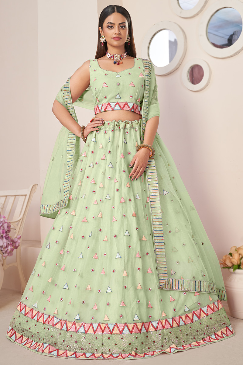Pistachio Green Sequins Embroidered Net Lehenga For Mehndi LLCV116660