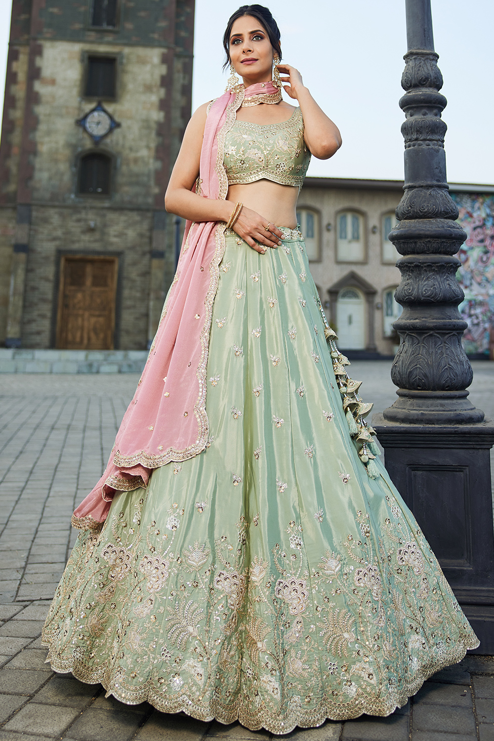 green emerald velvet dress Women's Gorgeous Mint-Green Sequins and Thread Embroidered Georgette Designer Indian Wedding & Party Wear Lehenga Choli Dress