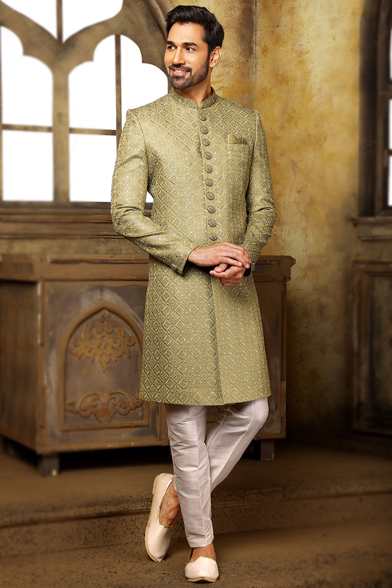 Online Fashion Shopping Men Sherwani in Pistachio Green Embroidered Fabric MSTV01331