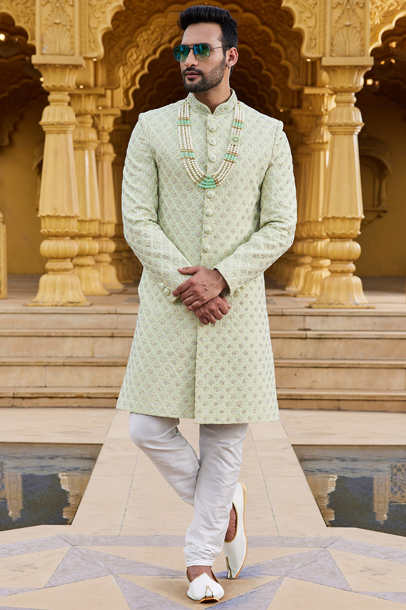 Pistachio Green Silk Embroidered Men's Sherwani For Mehndi MSTV03199