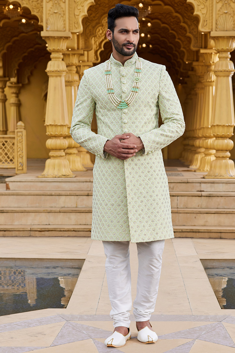 Pistachio Green Silk Embroidered Men's Sherwani For Mehndi MSTV03199