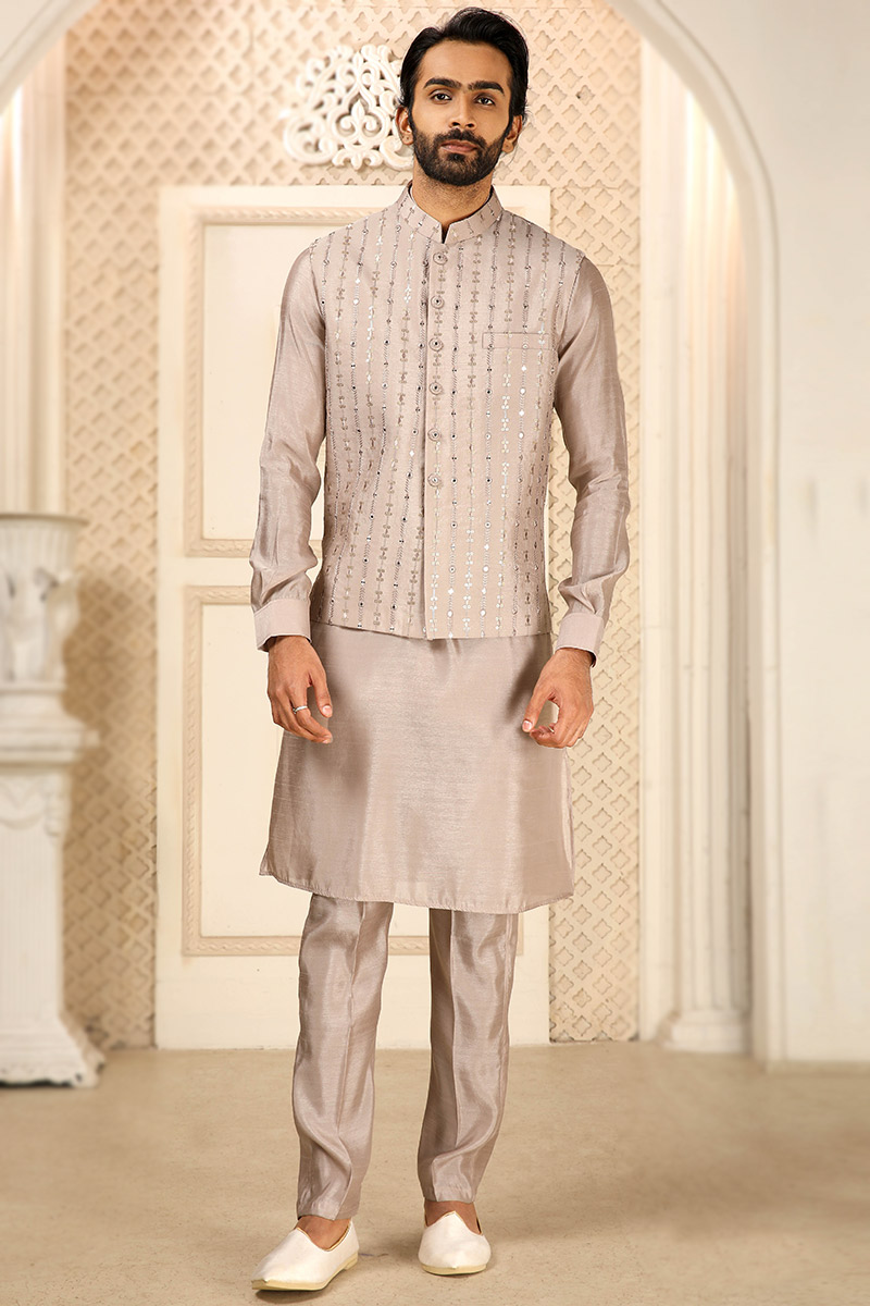 Andaaz Fashion Men's Plain Art Silk Beige Kurta Pajama With Jacket