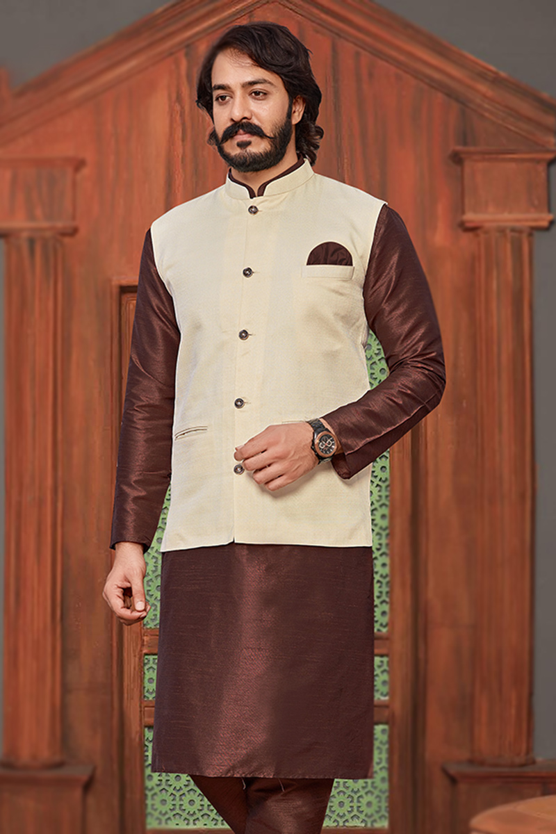Plain Art Silk Dark Brown Jacket Style Men's Kurta MKV00575