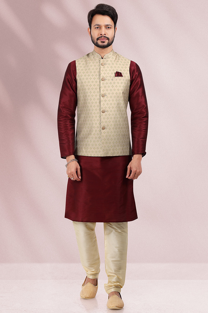 Buy Prom Plain Art Silk Dark Maroon Men's Kurta Pajama With Waist
