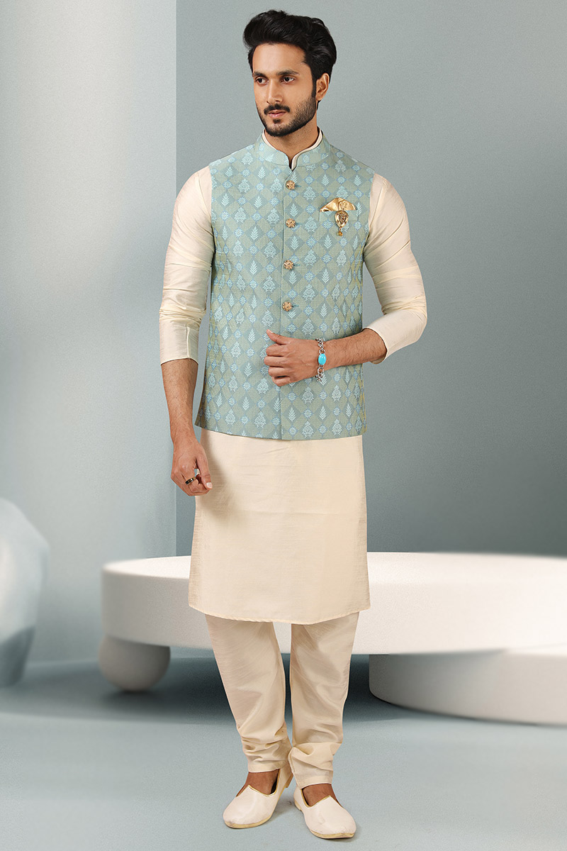 Urban Fashion Plain Art Silk Light Beige MenShalwar Kameez With