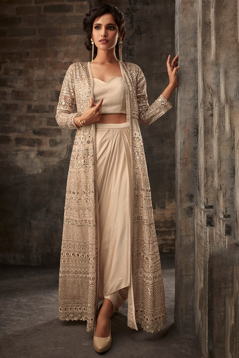 Plain Beige Indo Western Jacket Style Dhoti With Top