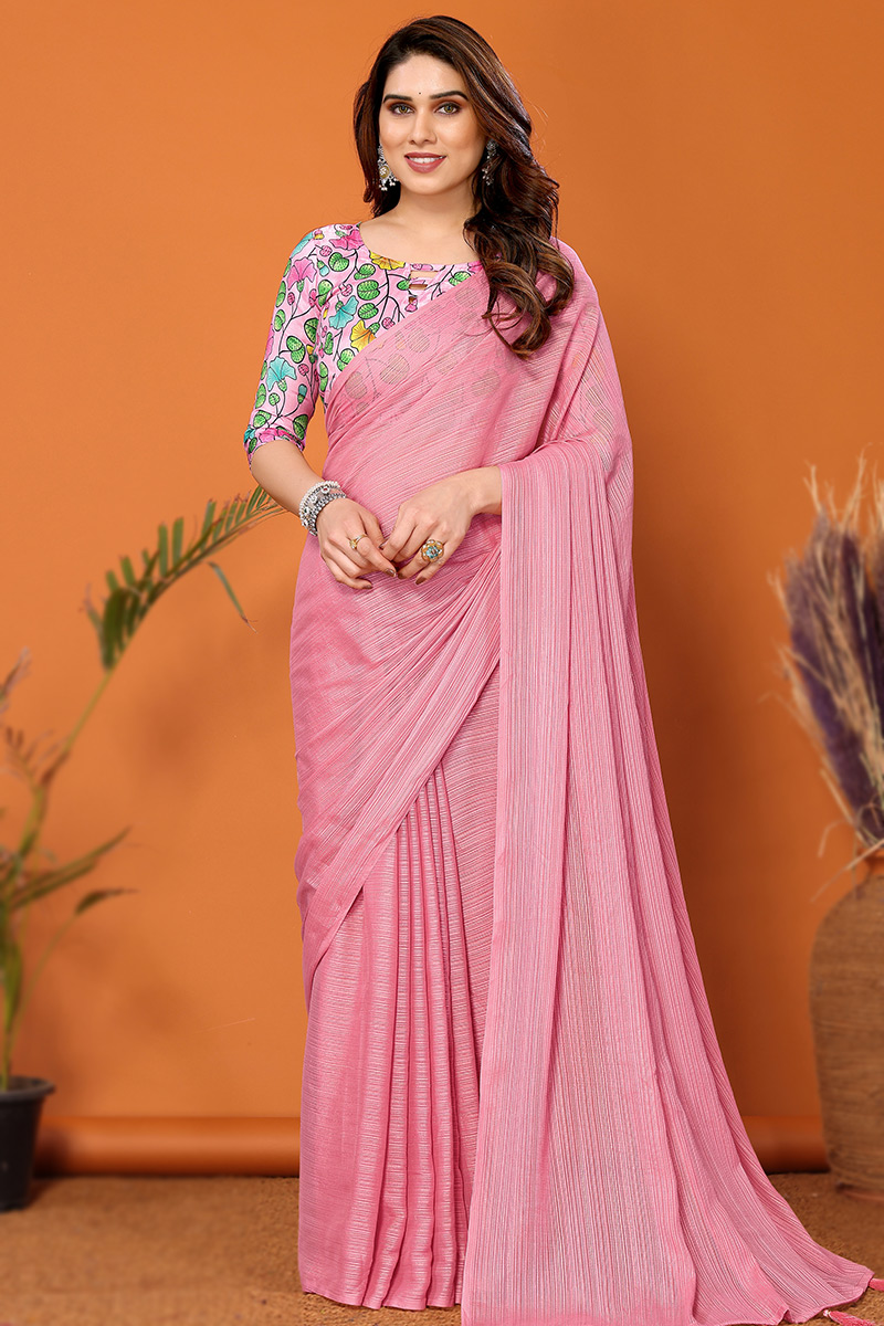 Plain Chiffon Blush Pink Shimmer Saree SARV180650