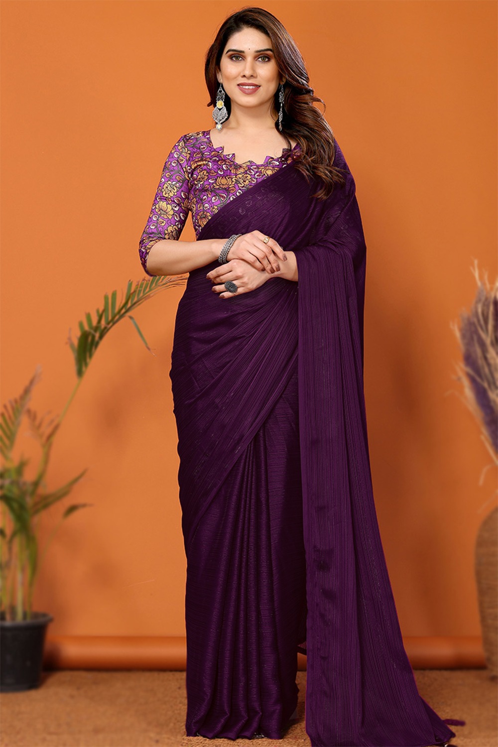 Plain Chiffon Dark Purple Shimmer Saree SARV180645