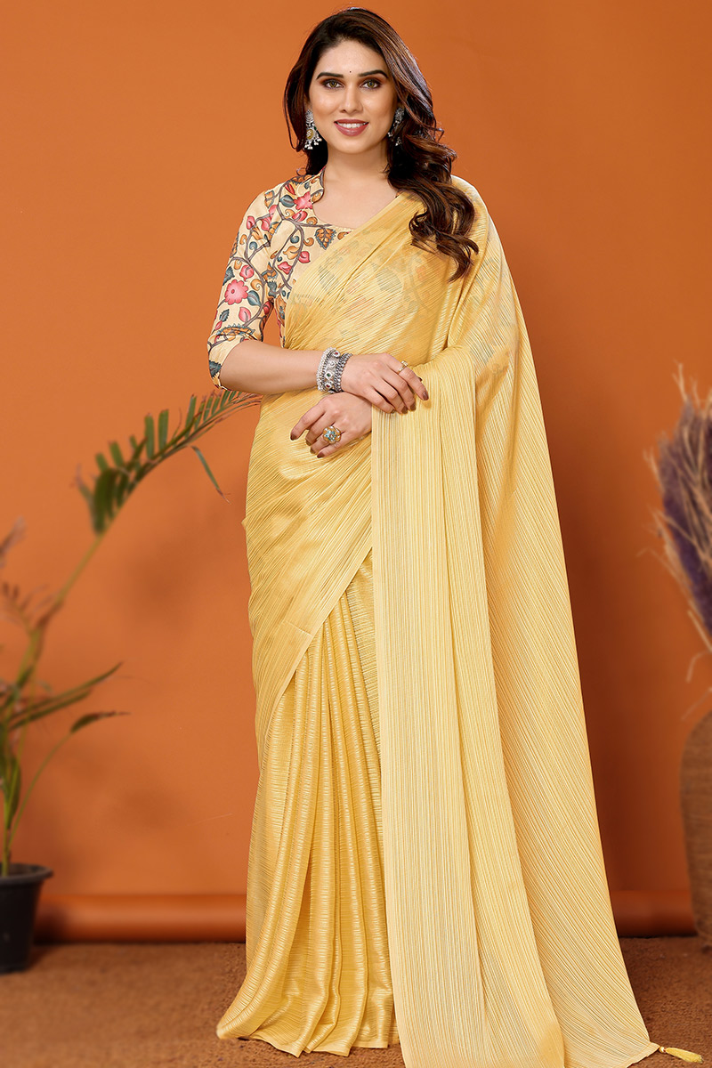 Plain Chiffon Yellow Shimmer Saree