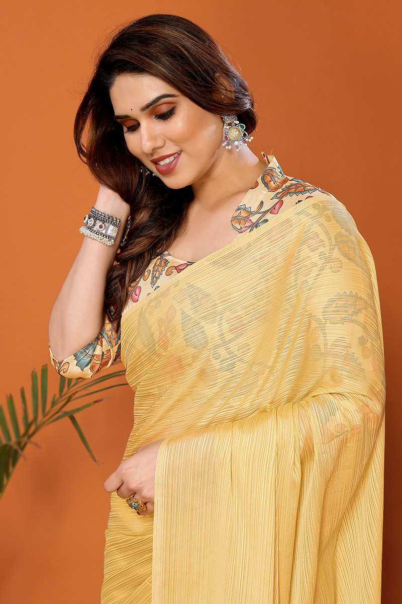 Plain Chiffon Yellow Shimmer Saree
