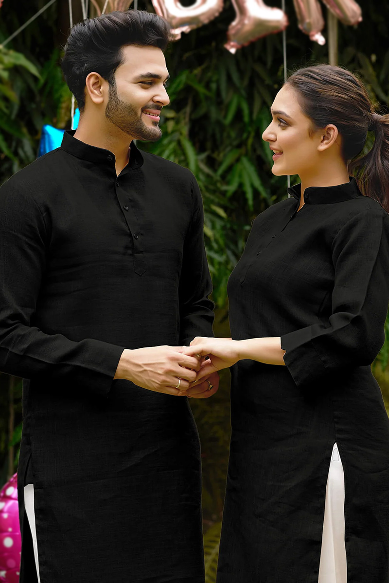 Plain Cotton Black Casual Wear Couple's Outfit LSTV126282