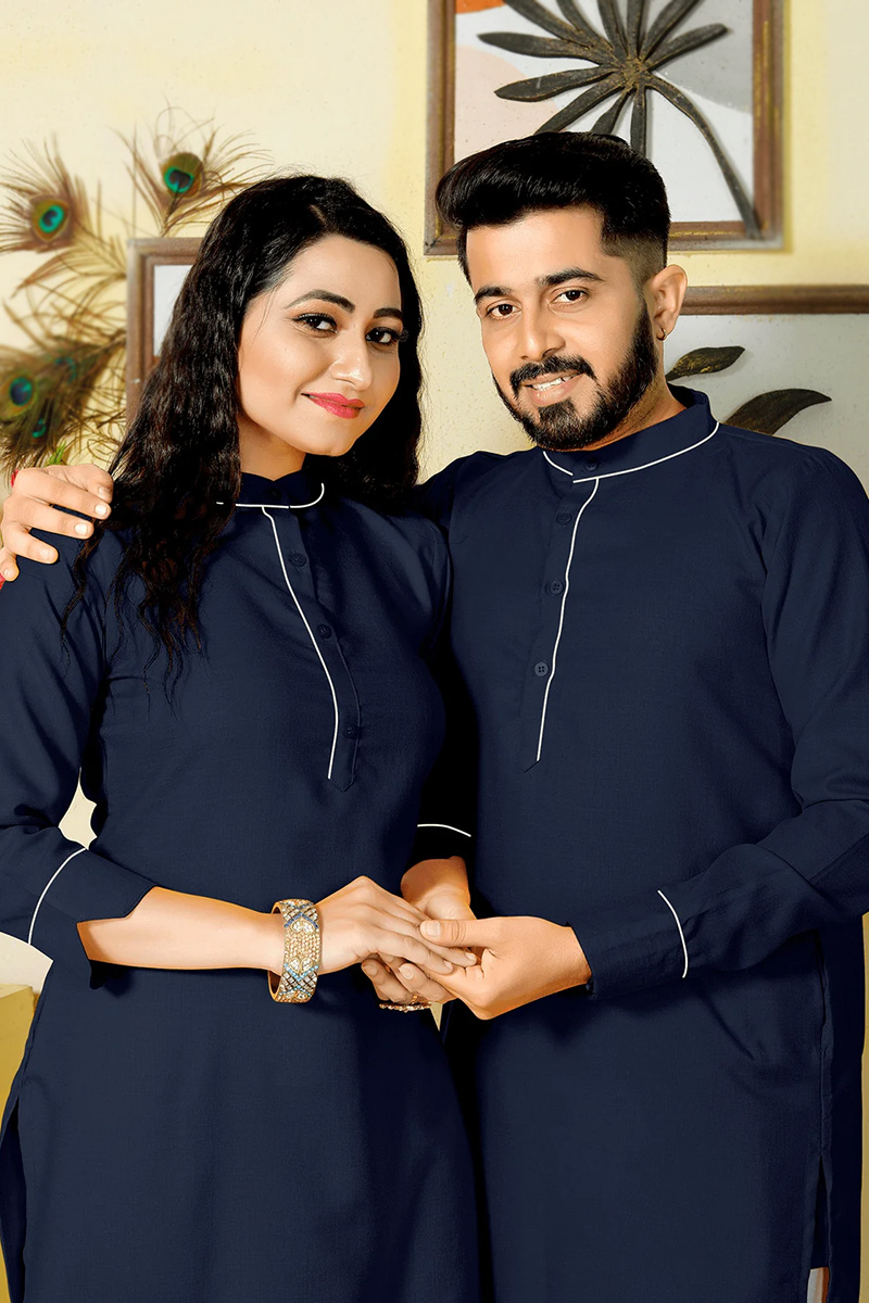 Plain Cotton Navy Blue Casual Wear Couple's Outfit LSTV126284