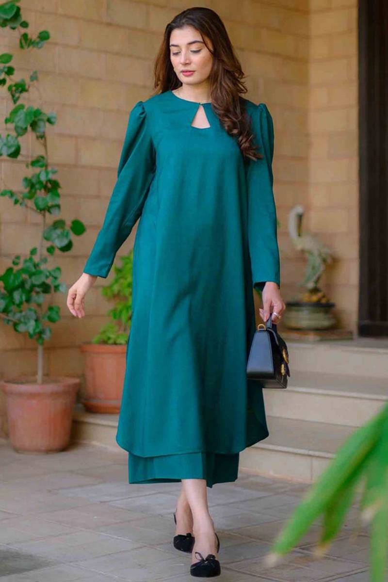 Andaaz Fashion Women's Plain Cotton Silk Persian Green Pakistani Trouser Style Suit