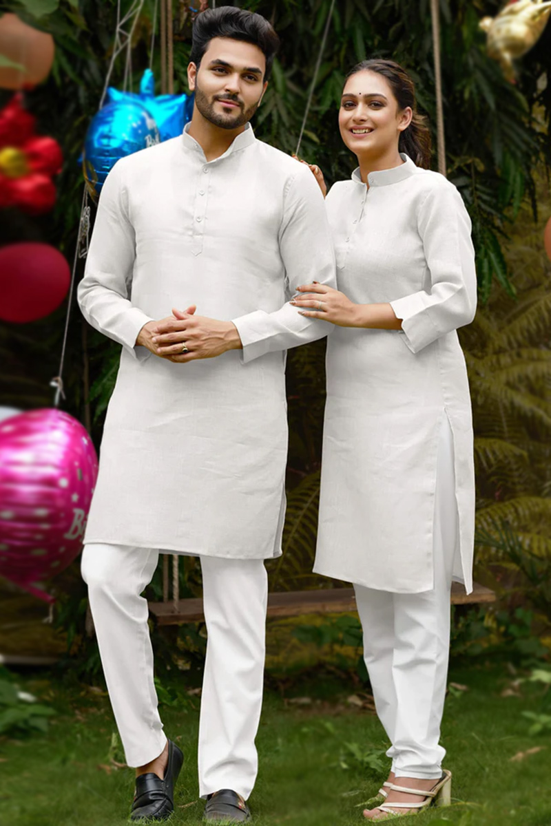 Plain Cotton White Casual Wear Couple s Outfit