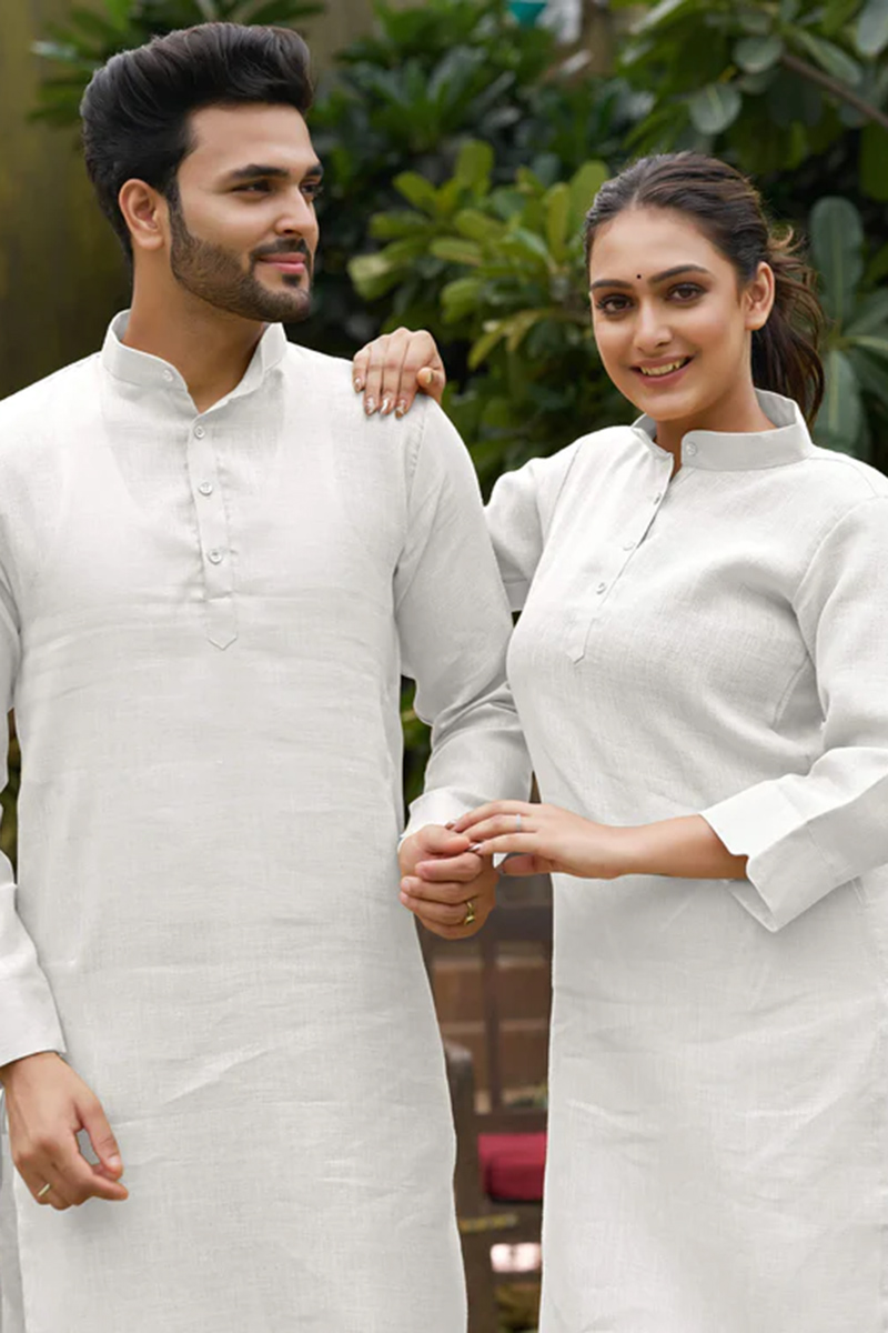 Plain Cotton White Casual Wear Couple's Outfit