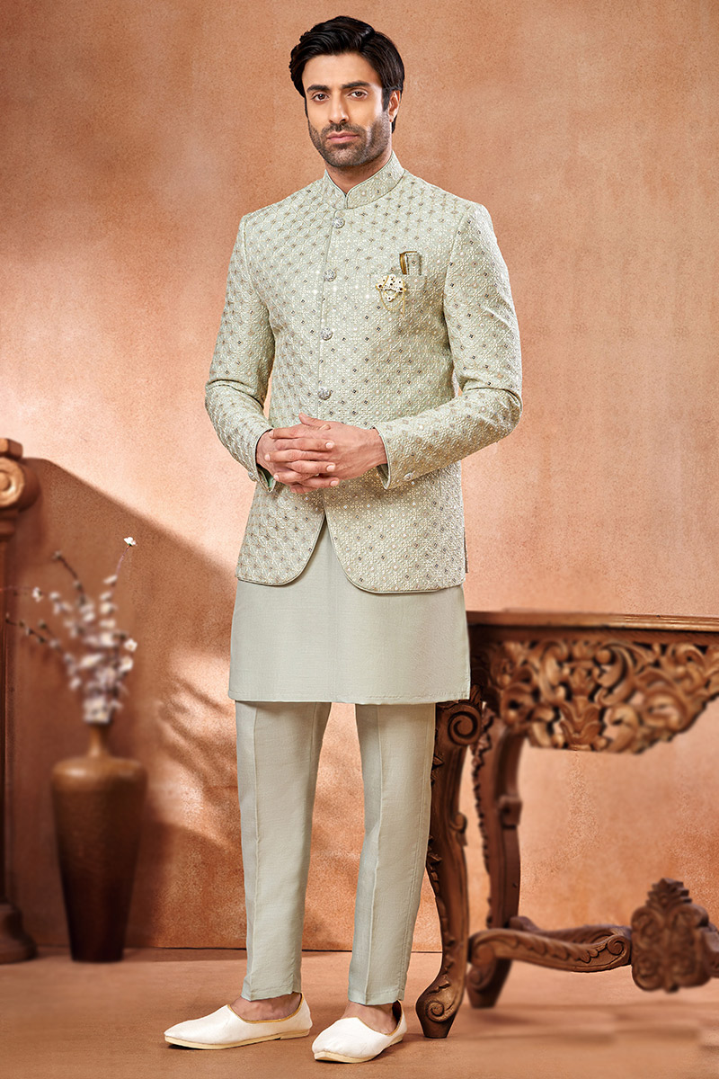 Greenish Party Wear Kurta Pajama Plain Greenish Grey Silk Jacket Style  Men's Kurta Pajama MKPA06600