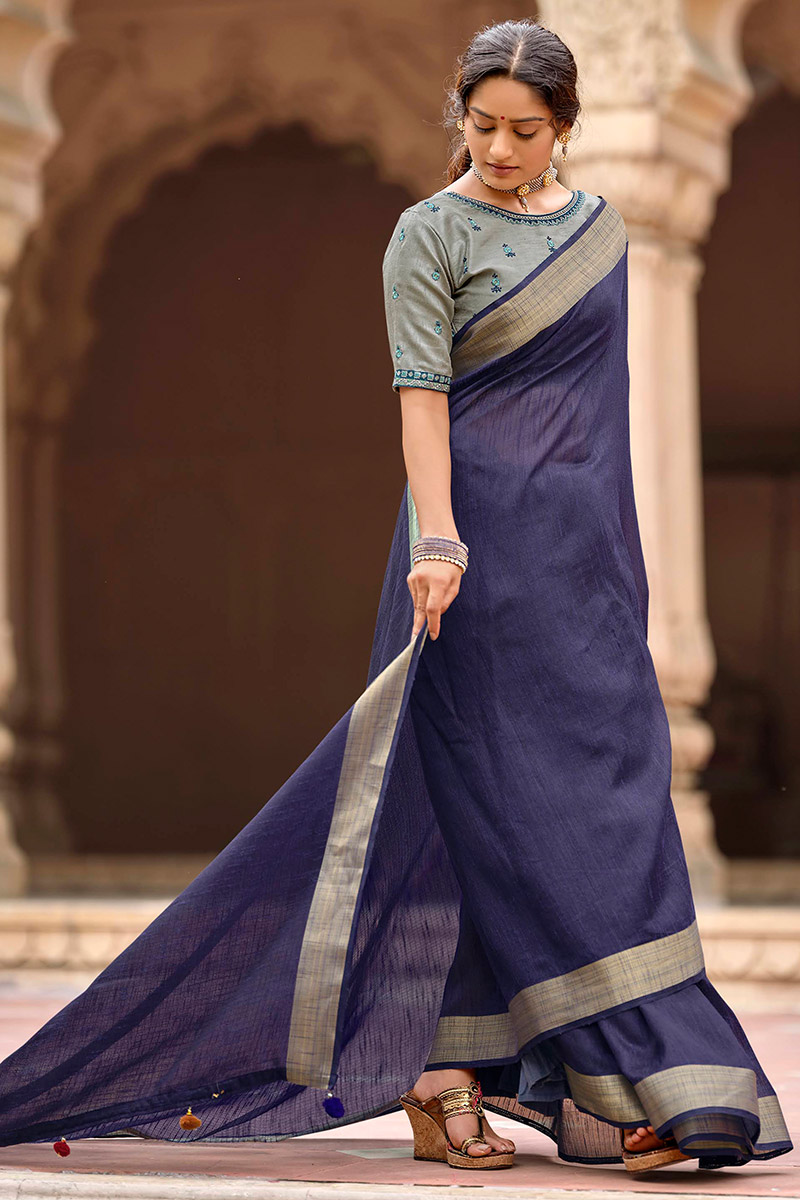 Buy Indigo Dotted Striped Saree by Designer VAAYU Online at Ogaan.com