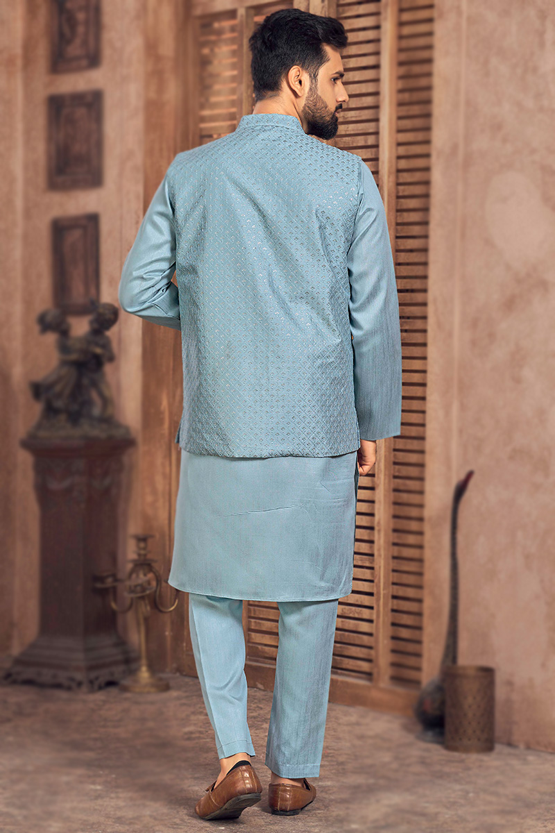 Plain Light Blue Silk Jecket Style Men's Kurta Pajama MKPA06994